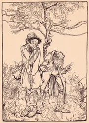 "Quando era afiado o suficiente, ele olhou em volta para os estranhos", ilustração de "Conto de fadas de Grimm, The Little Folk&39;s Presents"